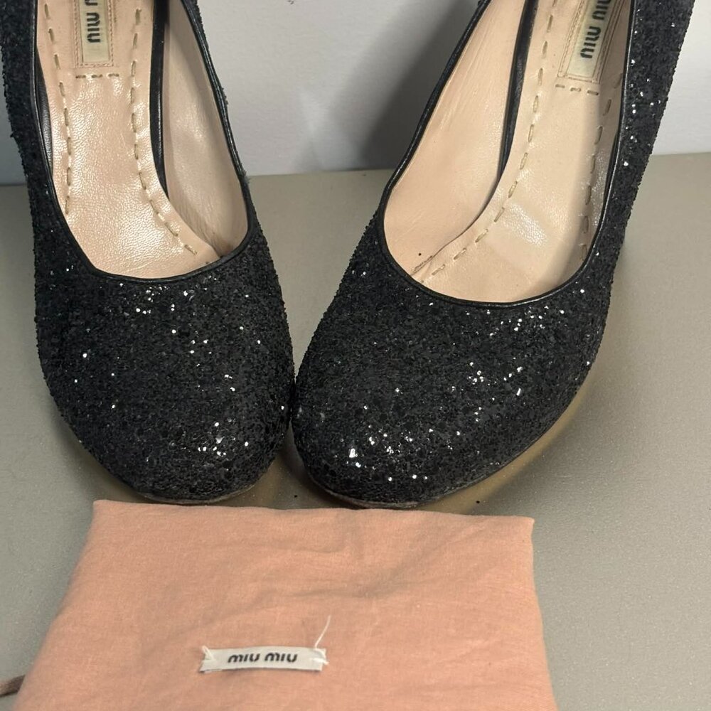 Miu Miu  Glitter Block Heel Pumps – Made in Italy